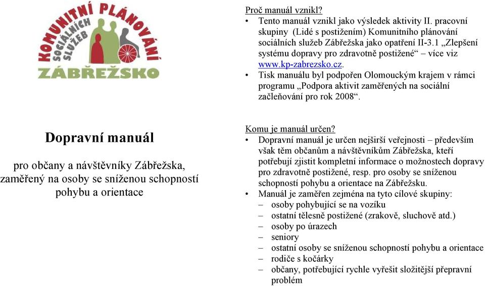 Tisk manuálu byl podpořen Olomouckým krajem v rámci programu Podpora aktivit zaměřených na sociální začleňování pro rok 2008.