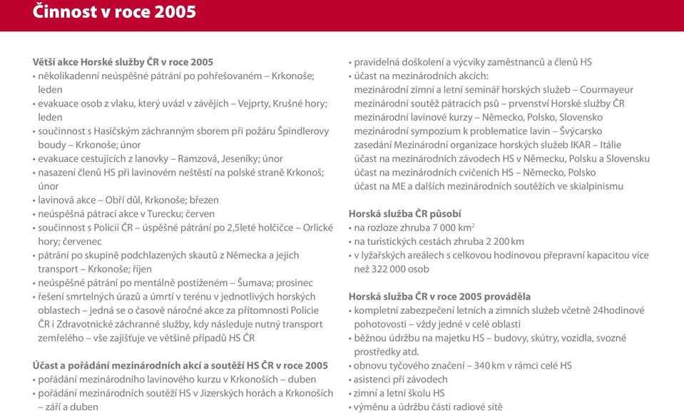 Krkonoš; únor lavinová akce Obří důl, Krkonoše; březen neúspěšná pátrací akce v Turecku; červen součinnost s Policií ČR úspěšné pátrání po 2,5leté holčičce Orlické hory; červenec pátrání po skupině