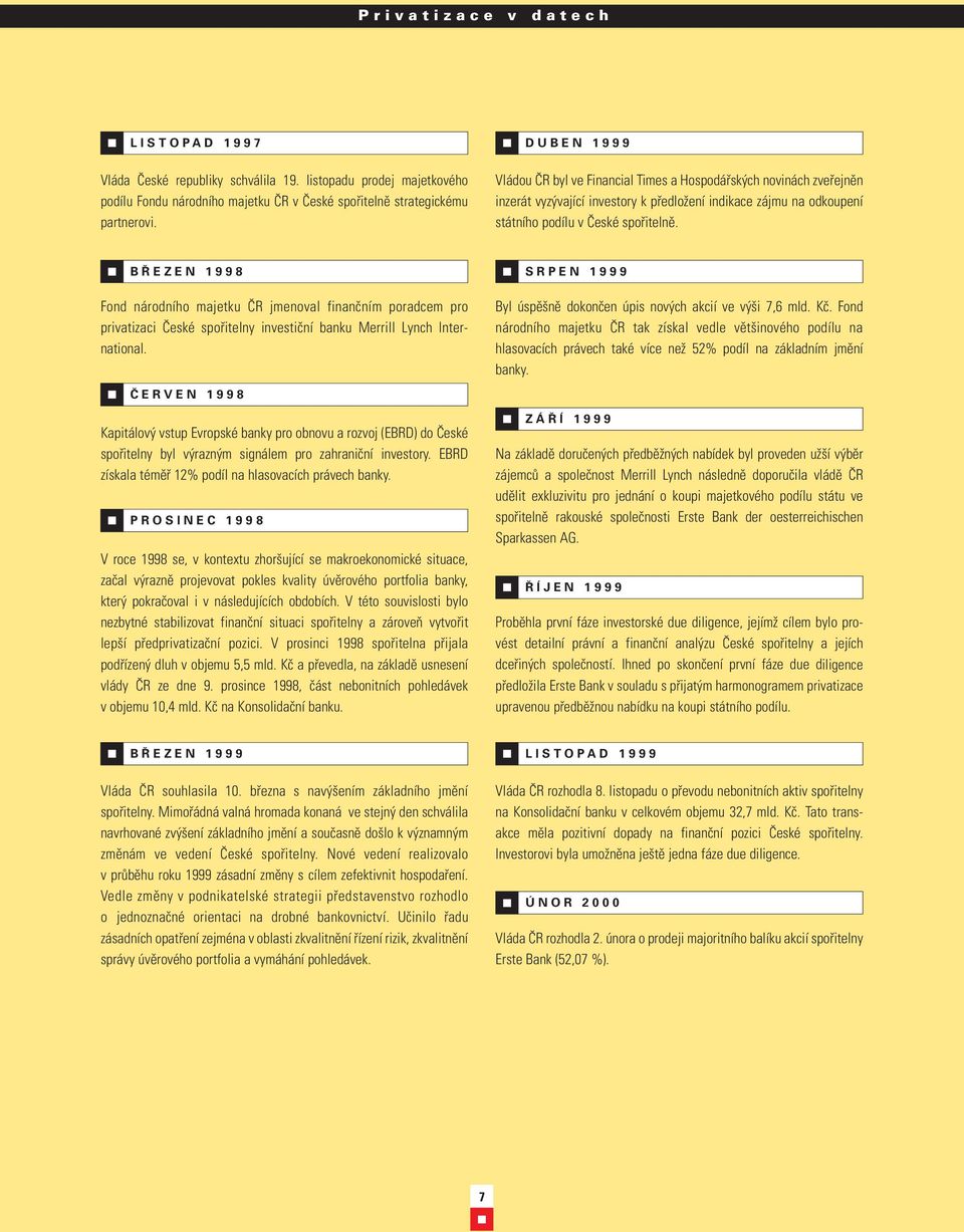 B EZEN 1998 SRPEN 1999 Fond národního majetku ČR jmenoval finančním poradcem pro privatizaci České spořitelny investiční banku Merrill Lynch International.