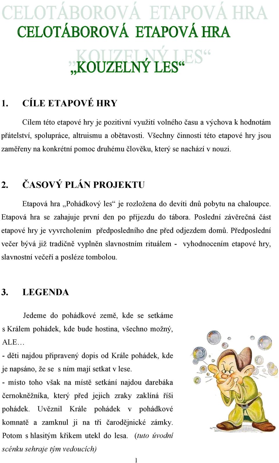 ČASOVÝ PLÁN PROJEKTU Etapová hra Pohádkový les je rozložena do devíti dnů pobytu na chaloupce. Etapová hra se zahajuje první den po příjezdu do tábora.