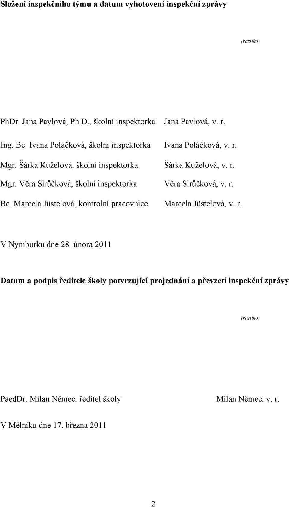 r. Bc. Marcela Jüstelová, kontrolní pracovnice Marcela Jüstelová, v. r. V Nymburku dne 8.