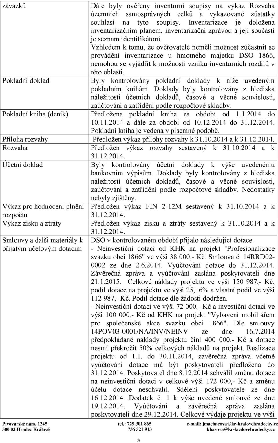 Vzhledem k tomu, že ověřovatelé neměli možnost zúčastnit se provádění inventarizace u hmotného majetku DSO 1866, nemohou se vyjádřit k možnosti vzniku inventurních rozdílů v této oblasti.