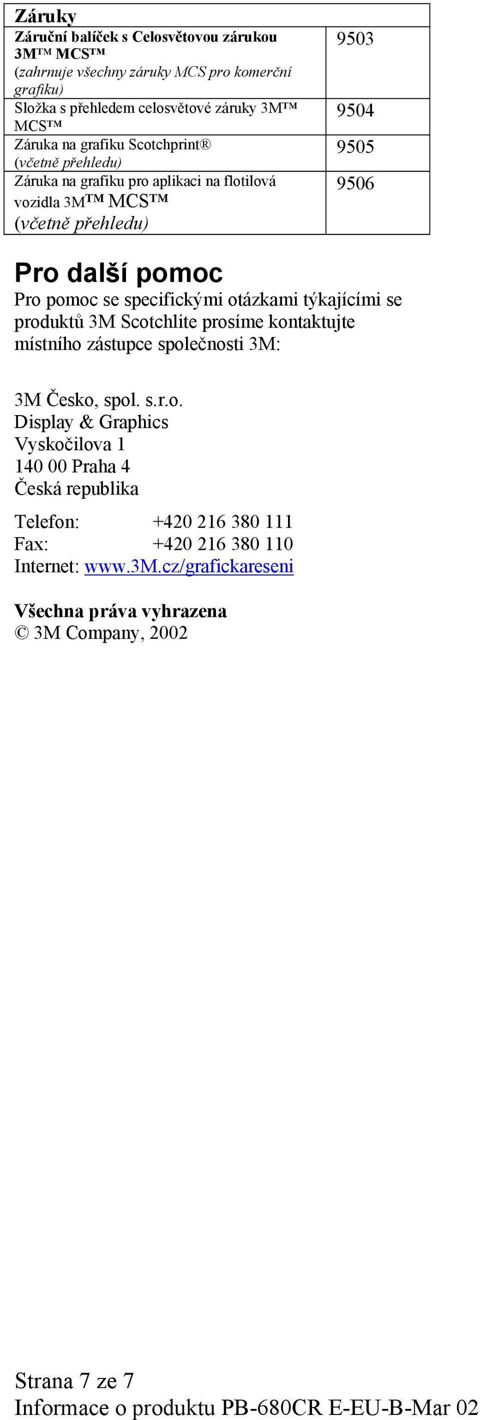 specifickými otázkami týkajícími se produktů 3M Scotchlite prosíme kontaktujte místního zástupce společnosti 3M: 3M Česko, spol. s.r.o. Display & Graphics Vyskočilova 1 140 00 Praha 4 Česká republika Telefon: +420 216 380 111 Fax: +420 216 380 110 Internet: www.