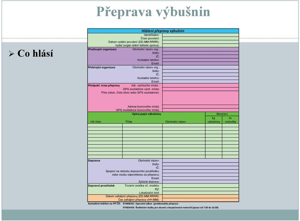 místa: Přes (obce, čísla silnic nebo GPS souřadnice): Adresa koncového místa: GPS souřadnice koncového místa: Úplný popis výbušniny Množství kg ks UN číslo Třída Obchodní název výbušniny rozbušky