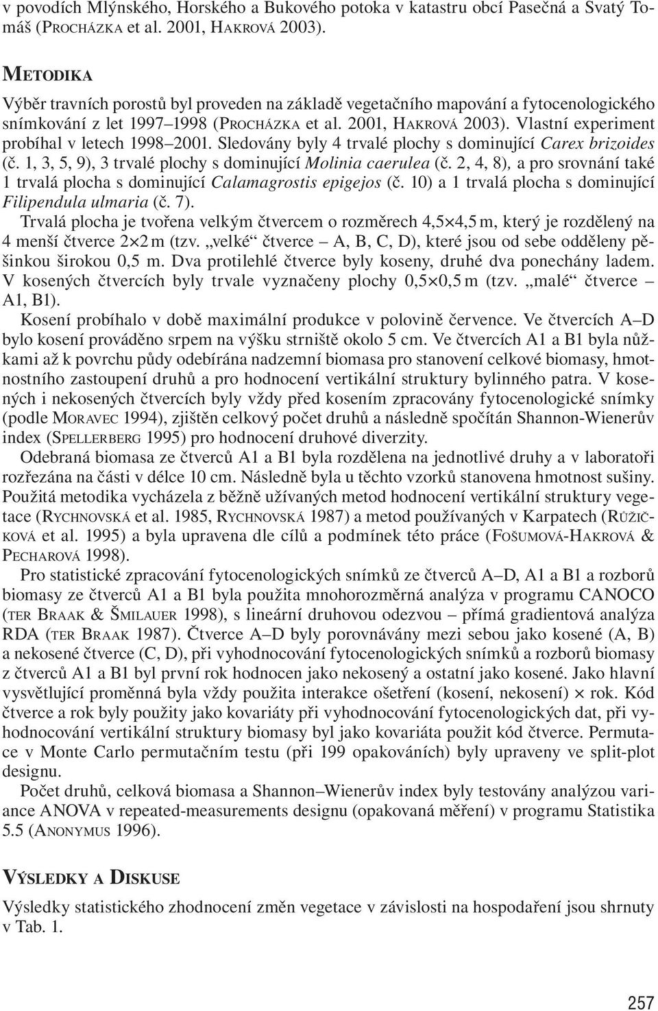 Vlastní experiment probíhal v letech 1998 2001. Sledovány byly 4 trvalé plochy s dominující Carex brizoides (č. 1, 3, 5, 9), 3 trvalé plochy s dominující Molinia caerulea (č.