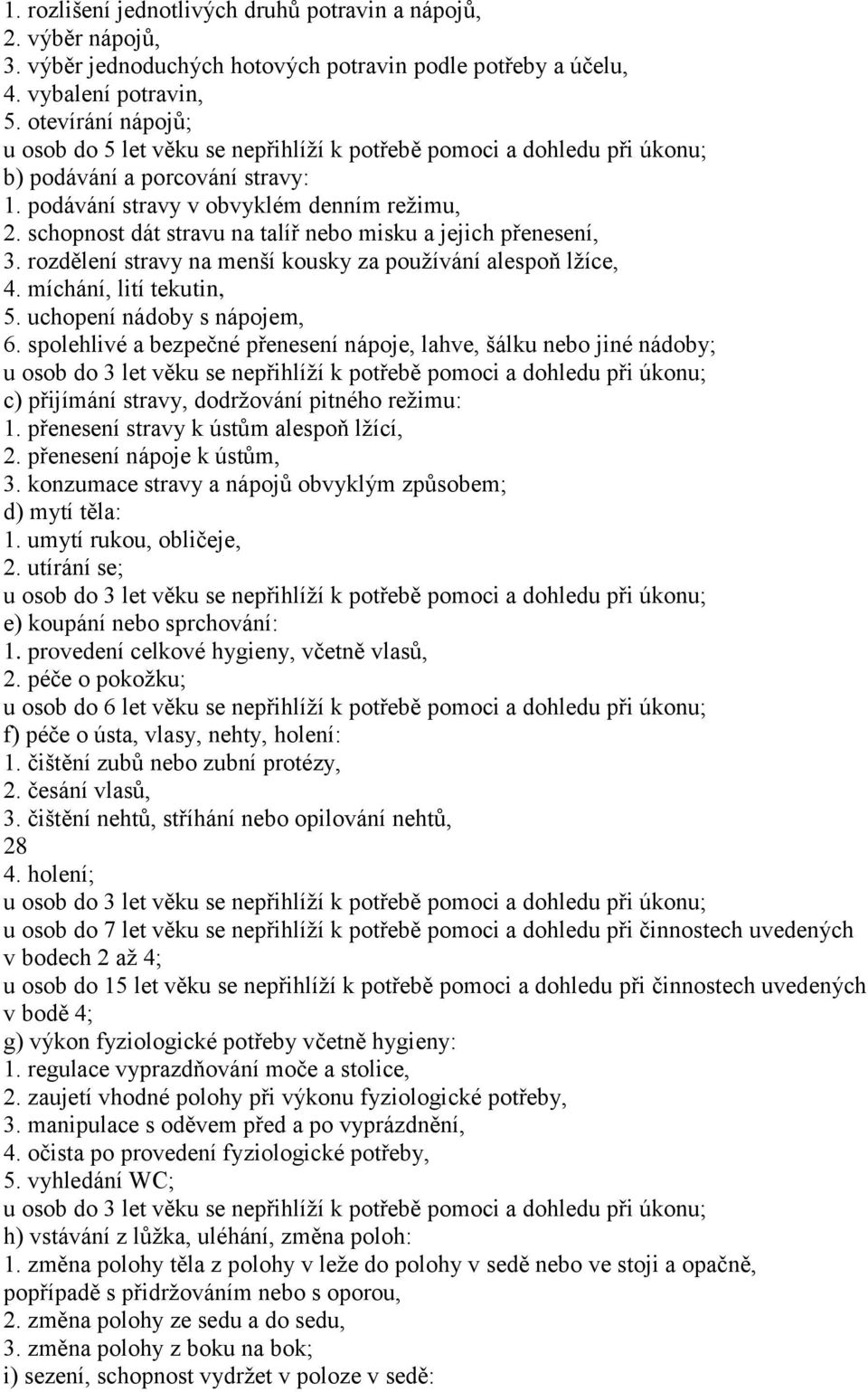 schopnost dát stravu na talíř nebo misku a jejich přenesení, 3. rozdělení stravy na menší kousky za používání alespoň lžíce, 4. míchání, lití tekutin, 5. uchopení nádoby s nápojem, 6.