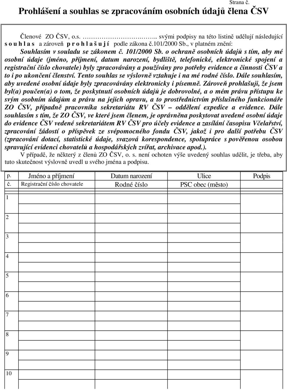 o ochraně osobních údajů s tím, aby mé osobní údaje (jméno, příjmení, datum narození, bydliště, telefonické, elektronické spojení a registrační číslo chovatele) byly zpracovávány a používány pro