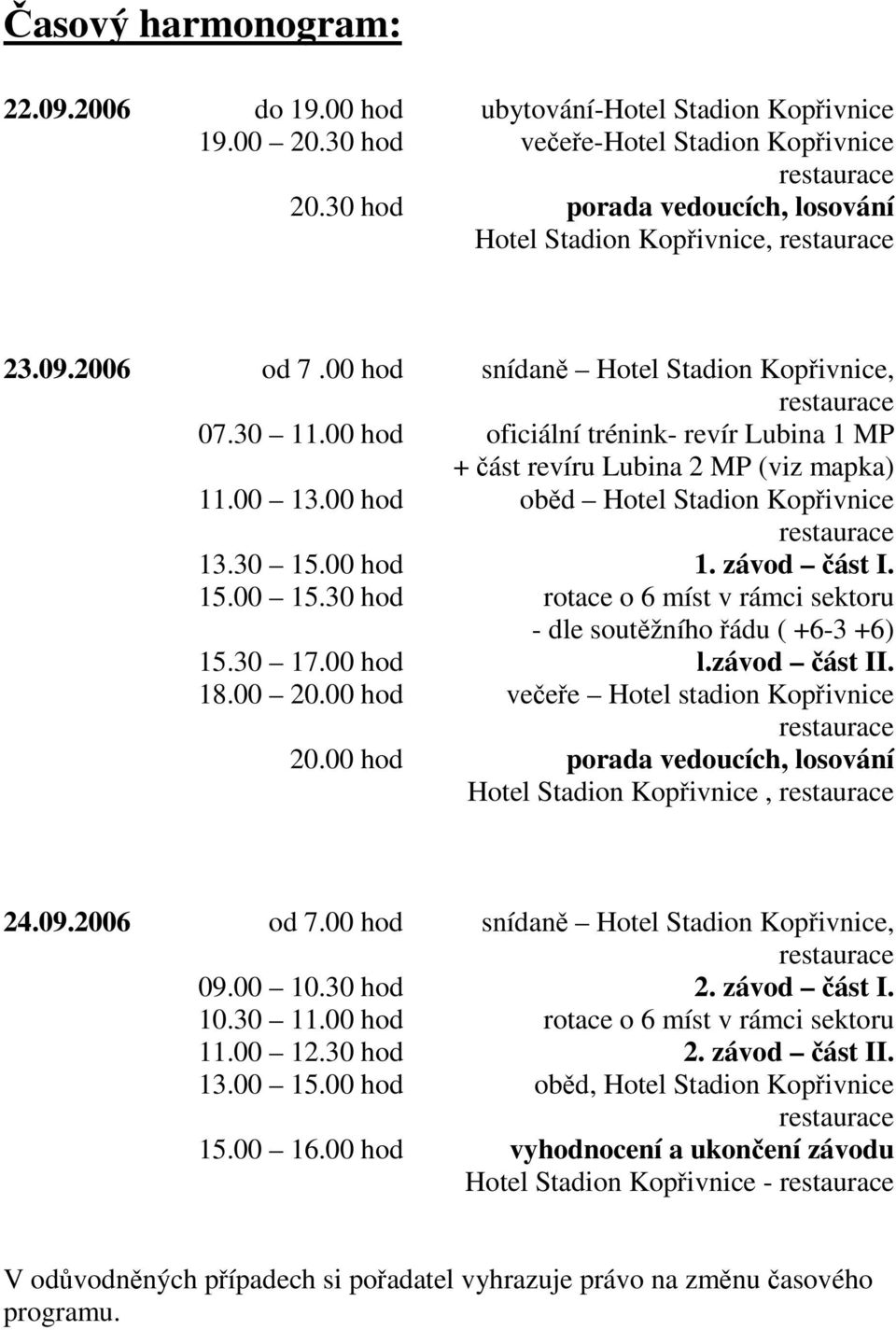 závod část I. 15.00 15.30 hod rotace o 6 míst v rámci sektoru - dle soutěžního řádu ( +6-3 +6) 15.30 17.00 hod l.závod část II. 18.00 20.00 hod večeře Hotel stadion Kopřivnice 20.