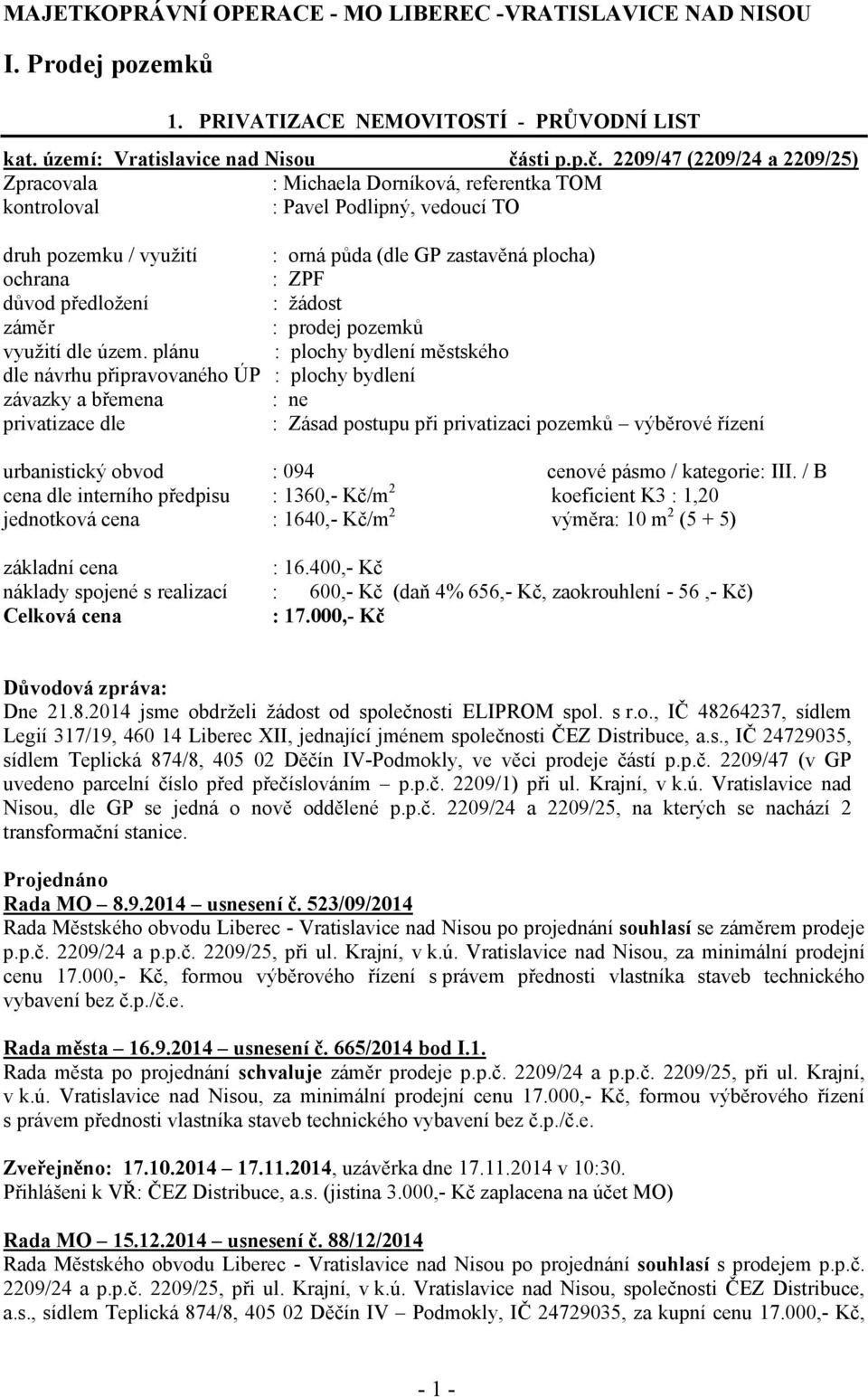 2209/47 (2209/24 a 2209/25) Zpracovala : Michaela Dorníková, referentka TOM kontroloval : Pavel Podlipný, vedoucí TO druh pozemku / využití : orná půda (dle GP zastavěná plocha) ochrana : ZPF důvod