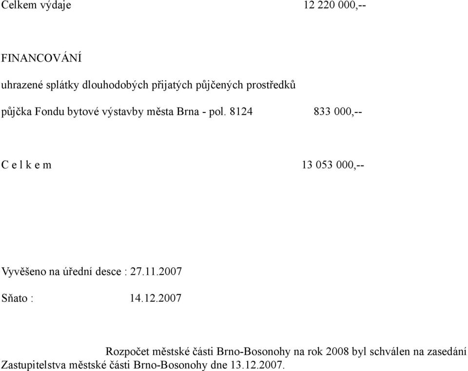 8124 833 000,-- C e l k e m 13 053 000,-- Vyvěšeno na úřední desce : 27.11.2007 Sňato :