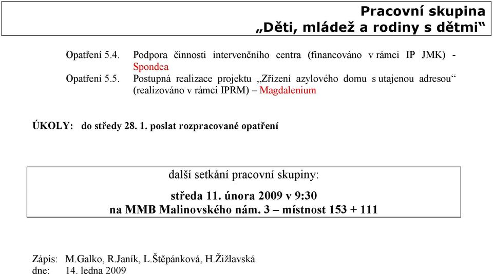 Postupná realizace projektu Zřízení azylového domu s utajenou adresou (realizováno v rámci IPRM) Magdalenium