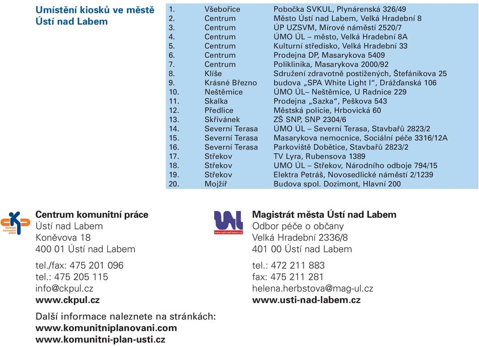 Klí e SdruÏení zdravotnû postiïen ch, tefánikova 25 9. Krásné Bfiezno budova SPA White Light I, DráÏìanská 106 10. Ne tûmice ÚMO ÚL Ne tûmice, U Radnice 229 11. Skalka Prodejna Sazka, Pe kova 543 12.
