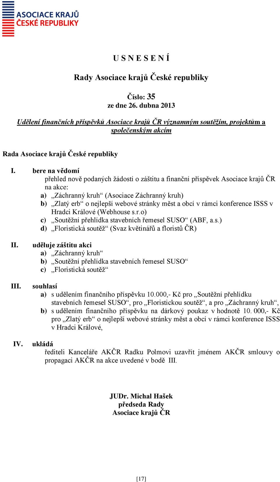 ISSS v Hradci Králové (Webhouse s.r.o) c) Soutěžní přehlídka stavebních řemesel SUSO (ABF, a.s.) d) Floristická soutěž (Svaz květinářů a floristů ČR) II. III. IV.