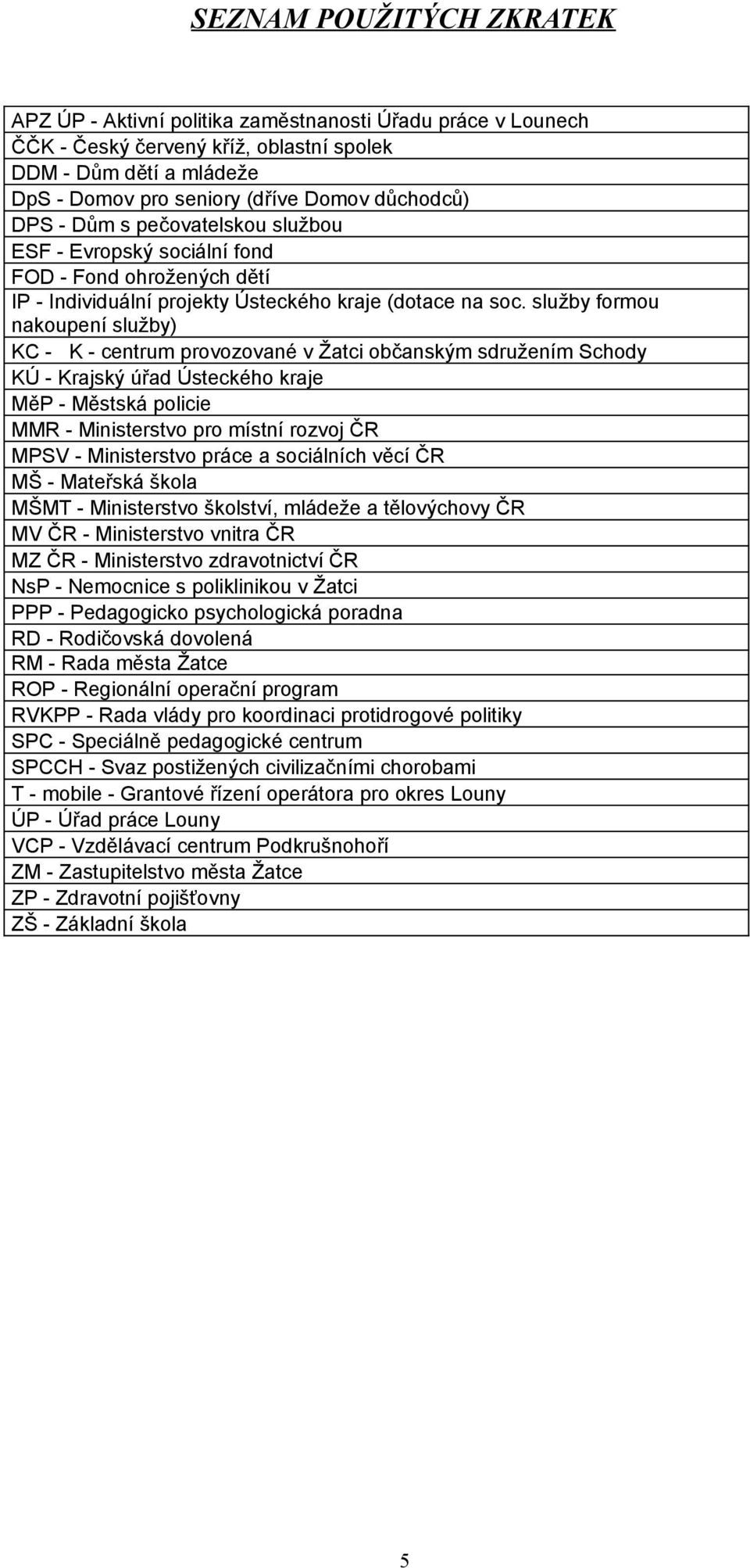 služby formou nakoupení služby) KC - K - centrum provozované v Žatci občanským sdružením Schody KÚ - Krajský úřad Ústeckého kraje MěP - Městská policie MMR - Ministerstvo pro místní rozvoj ČR MPSV -