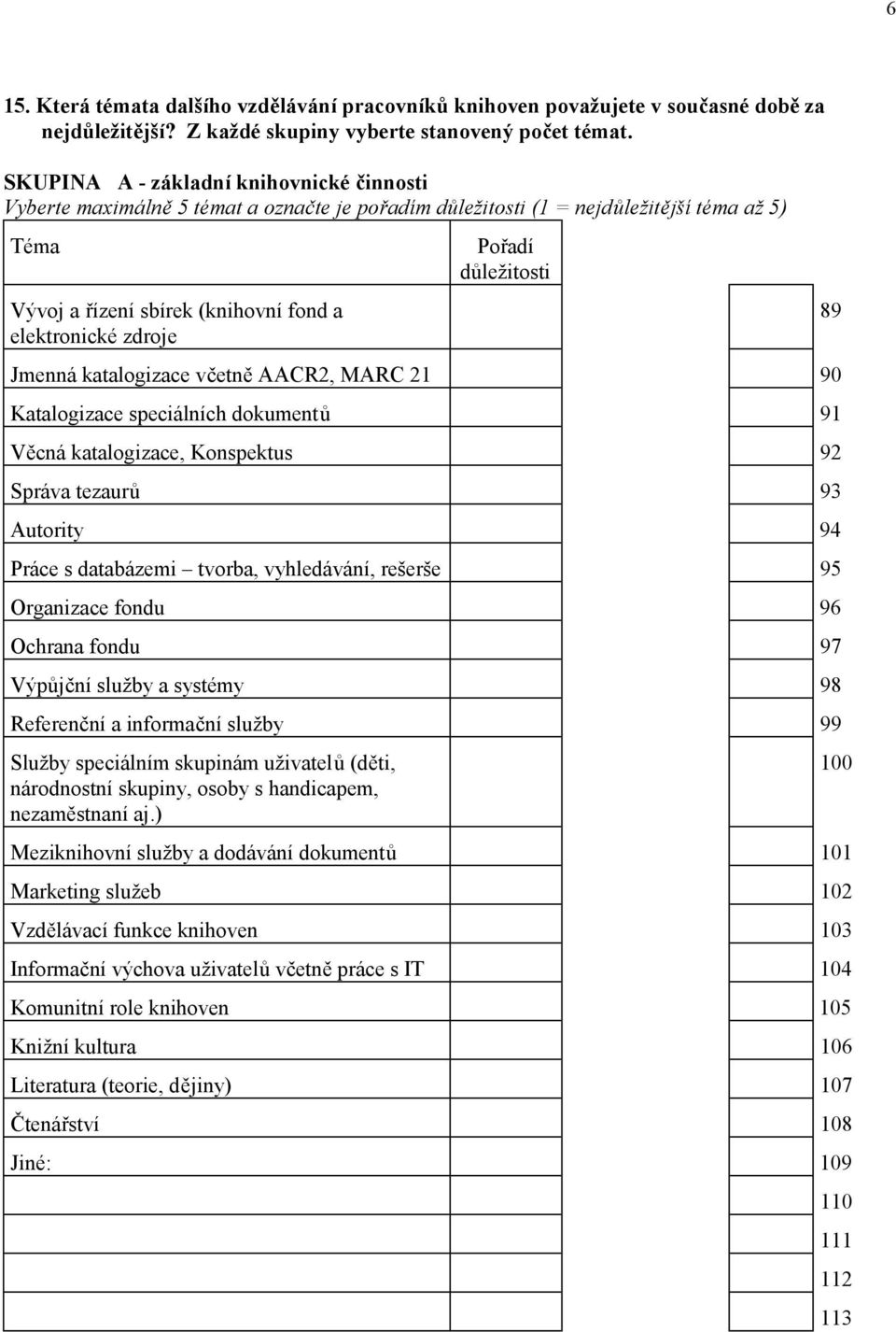 Pořadí důležitosti Jmenná katalogizace včetně AACR2, MARC 21 90 Katalogizace speciálních dokumentů 91 Věcná katalogizace, Konspektus 92 Správa tezaurů 93 Autority 94 Práce s databázemi tvorba,