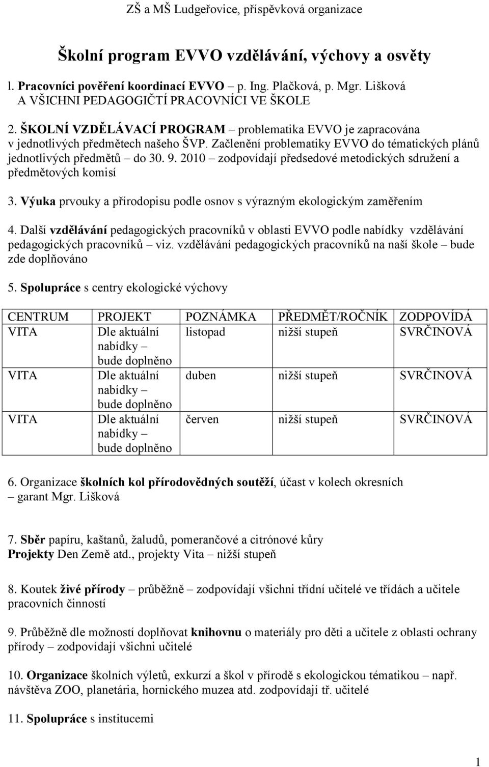 Začlenění problematiky EO do tématických plánů jednotlivých předmětů do 30. 9. 2010 zodpovídají předsedové metodických sdružení a předmětových komisí 3.