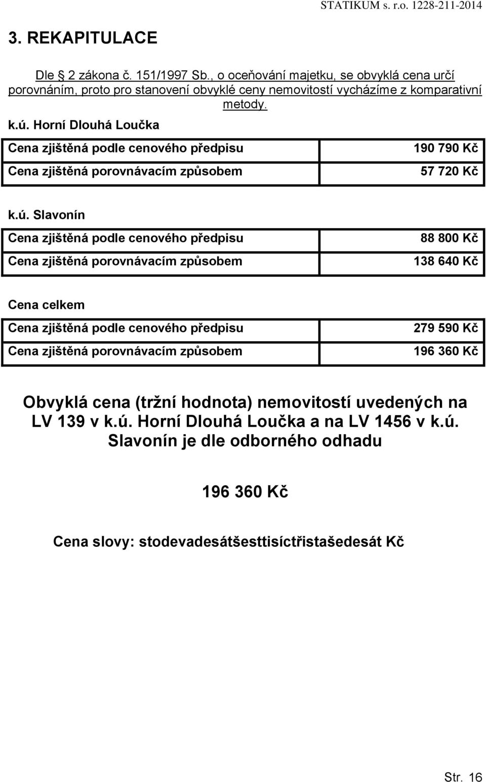 Hrní Dluhá Lučka Cena zjištěná pdle cenvéh předpisu Cena zjištěná prvnávacím způsbem 190 790 Kč 57 720 Kč k.ú.