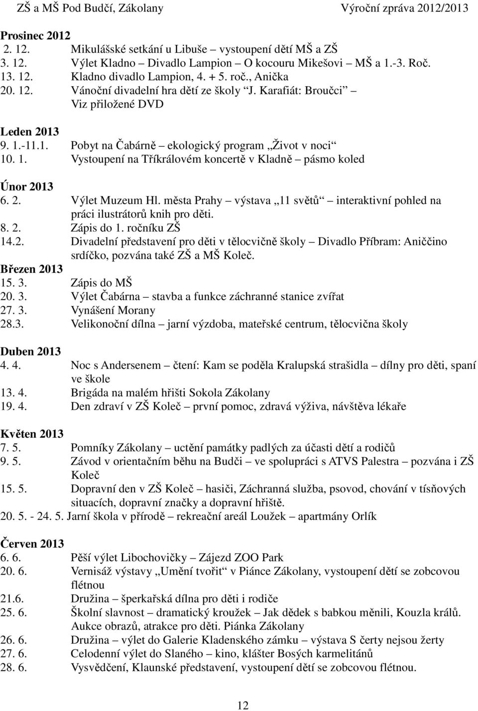 2. Výlet Muzeum Hl. města Prahy výstava 11 světů interaktivní pohled na práci ilustrátorů knih pro děti. 8. 2. Zápis do 1. ročníku ZŠ 14.2. Divadelní představení pro děti v tělocvičně školy Divadlo Příbram: Aniččino srdíčko, pozvána také ZŠ a MŠ Koleč.
