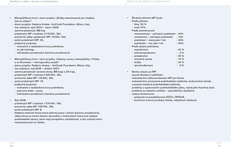 programy, -- motivačné a nadstavbové kurzy podnikania, -- on job trainingy, -- individuálne poradenstvo (kariérne poradenstvo).