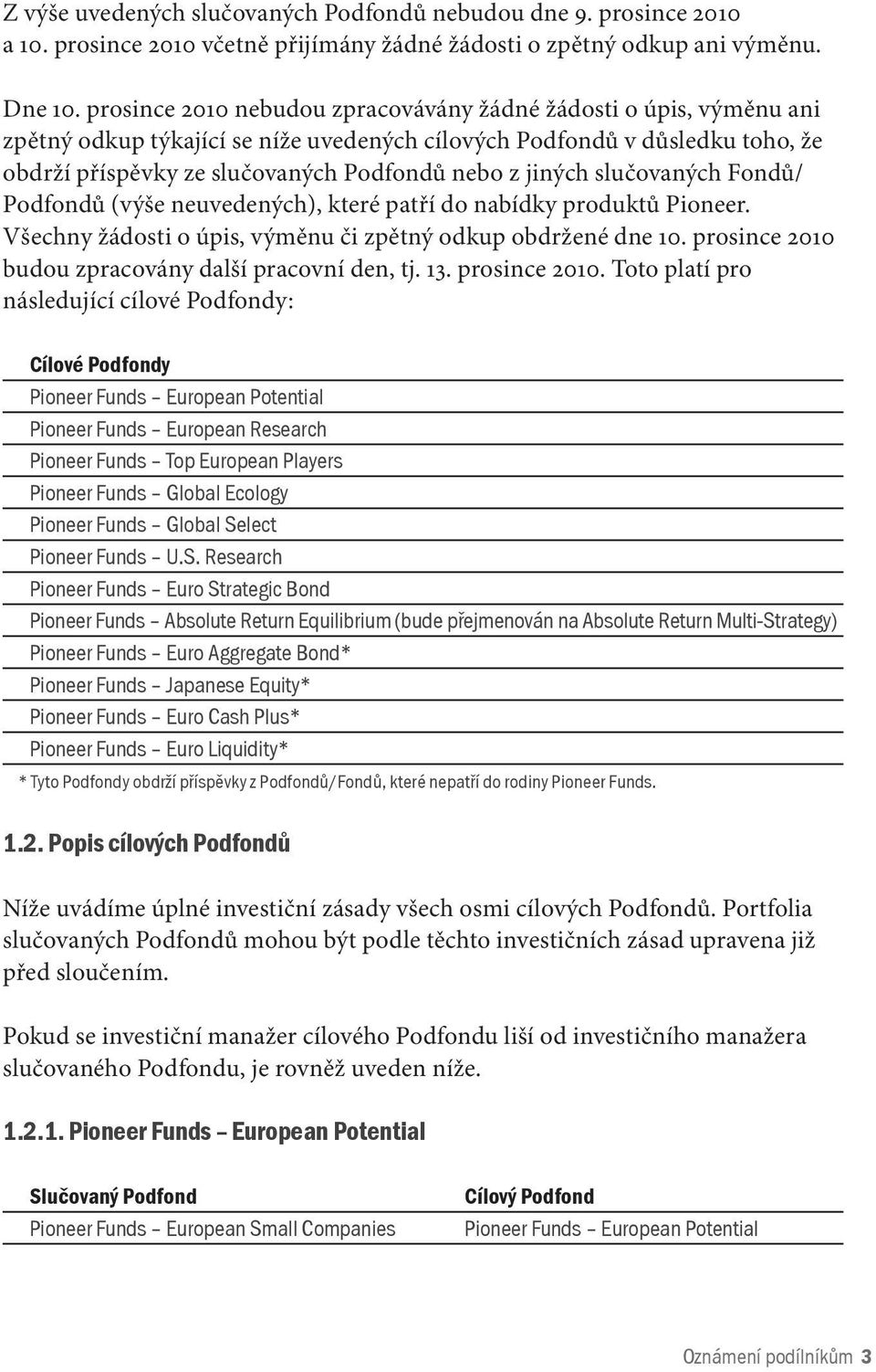 jiných slučovaných Fondů/ Podfondů (výše neuvedených), které patří do nabídky produktů Pioneer. Všechny žádosti o úpis, výměnu či zpětný odkup obdržené dne 10.