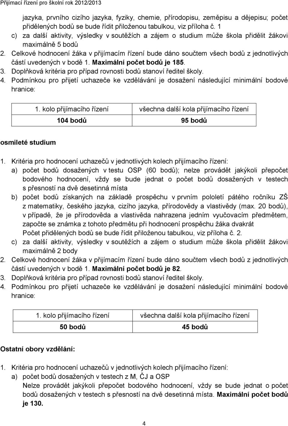 Celkové hodnocení žáka v přijímacím řízení bude dáno součtem všech bodů z jednotlivých částí uvedených v bodě 1. Maximální počet bodů je 185. 3.