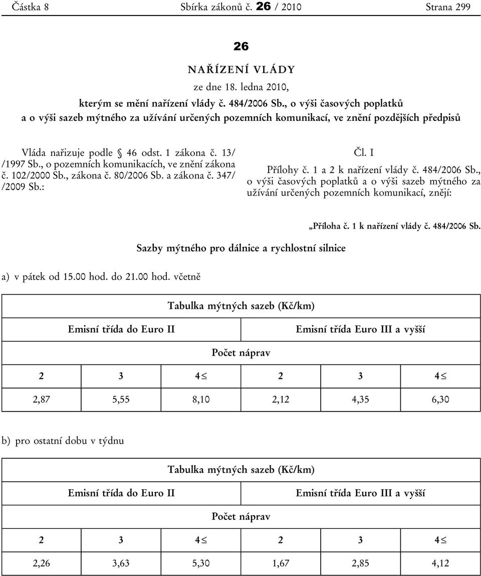 , o pozemních komunikacích, ve znění zákona č. 102/2000 Sb., zákona č. 80/2006 Sb. a zákona č. 347/ /2009 Sb.: Čl. I Přílohy č. 1 a 2 k nařízení vlády č. 484/2006 Sb.