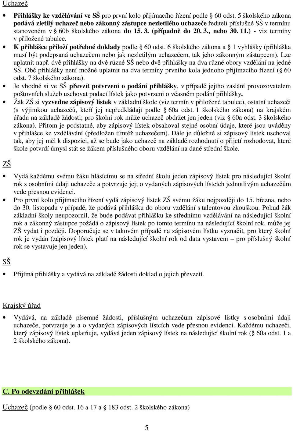 ) - viz termíny v přiložené tabulce. K přihlášce přiloží potřebné doklady podle 60 odst.