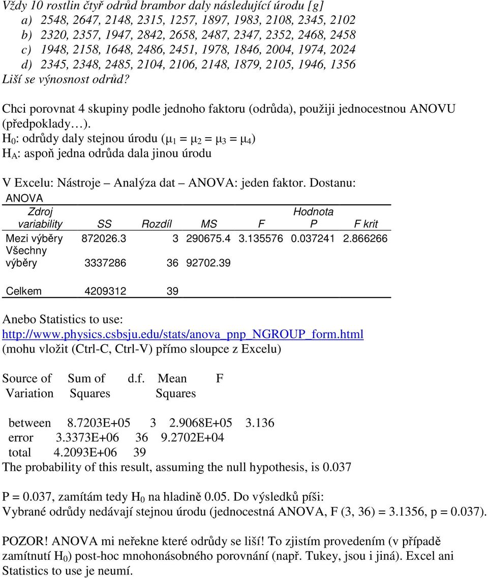 Chci porovnat 4 skupiny podle jednoho faktoru (odrůda), použiji jednocestnou ANOVU (předpoklady ).