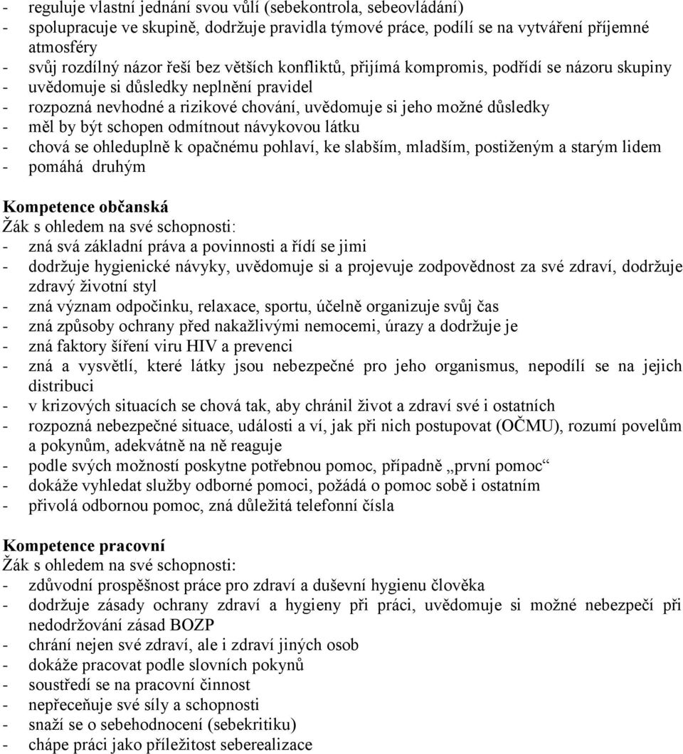 odmítnout návykovou látku - chová se ohleduplně k opačnému pohlaví, ke slabším, mladším, postiženým a starým lidem - pomáhá druhým Kompetence občanská - zná svá základní práva a povinnosti a řídí se