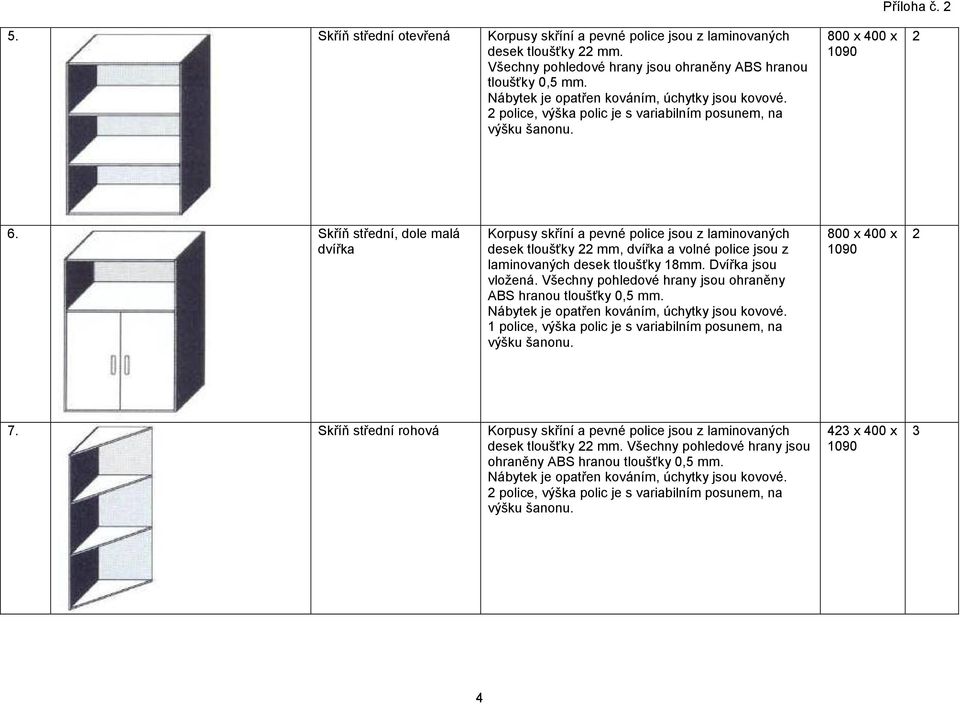 Skříň střední, dole malá dvířka Korpusy skříní a pevné police jsou z laminovaných 1 police, výška polic je s variabilním posunem, na 1090 2 7.