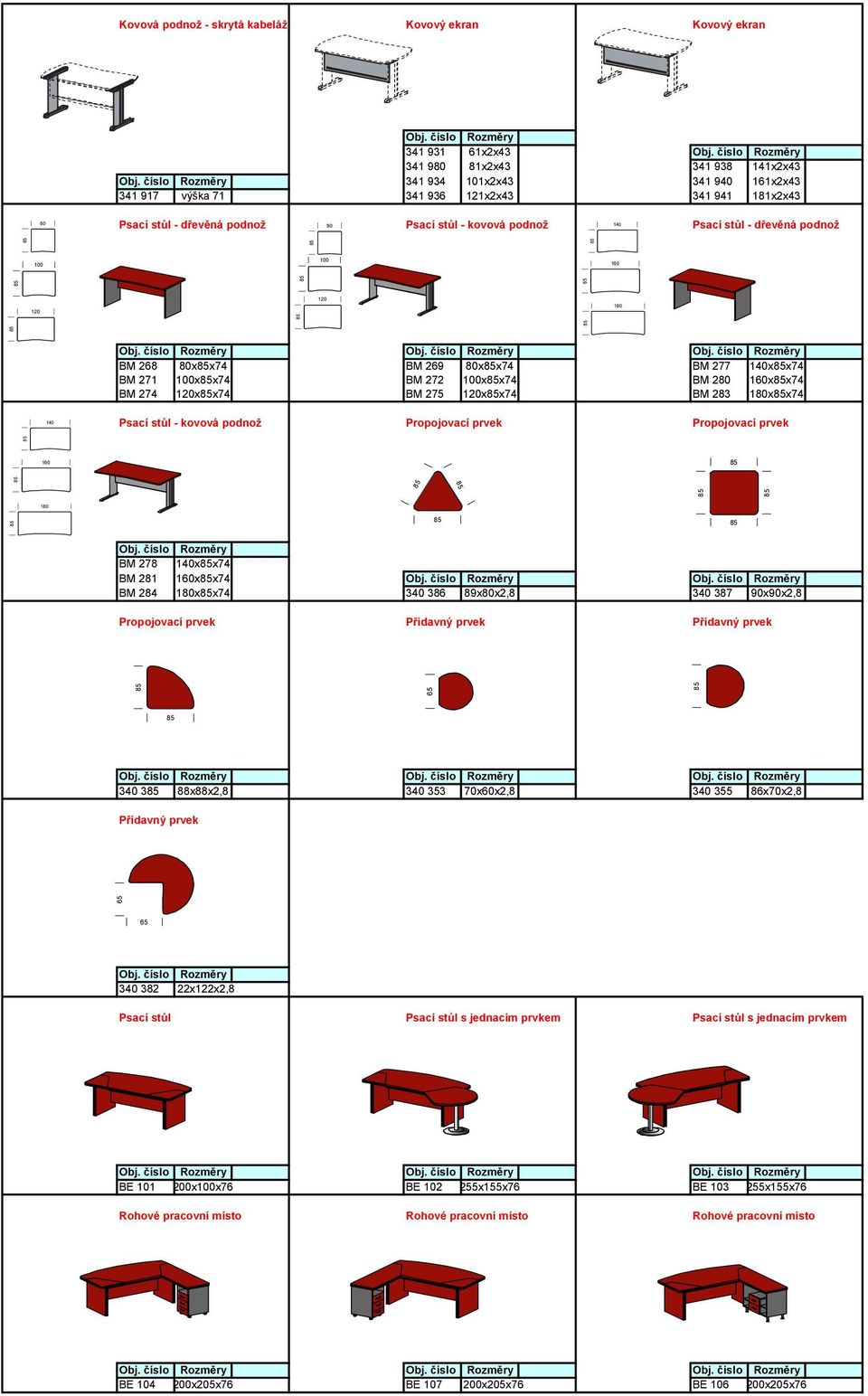 120xx74 BM 2 180xx74 Psací stůl - kovová podnož Propojovací prvek Propojovací prvek BM 278 140xx74 BM 281 160xx74 BM 284 180xx74 340 386 89x80x2,8 340 387 90x90x2,8 Propojovací prvek Přídavný prvek