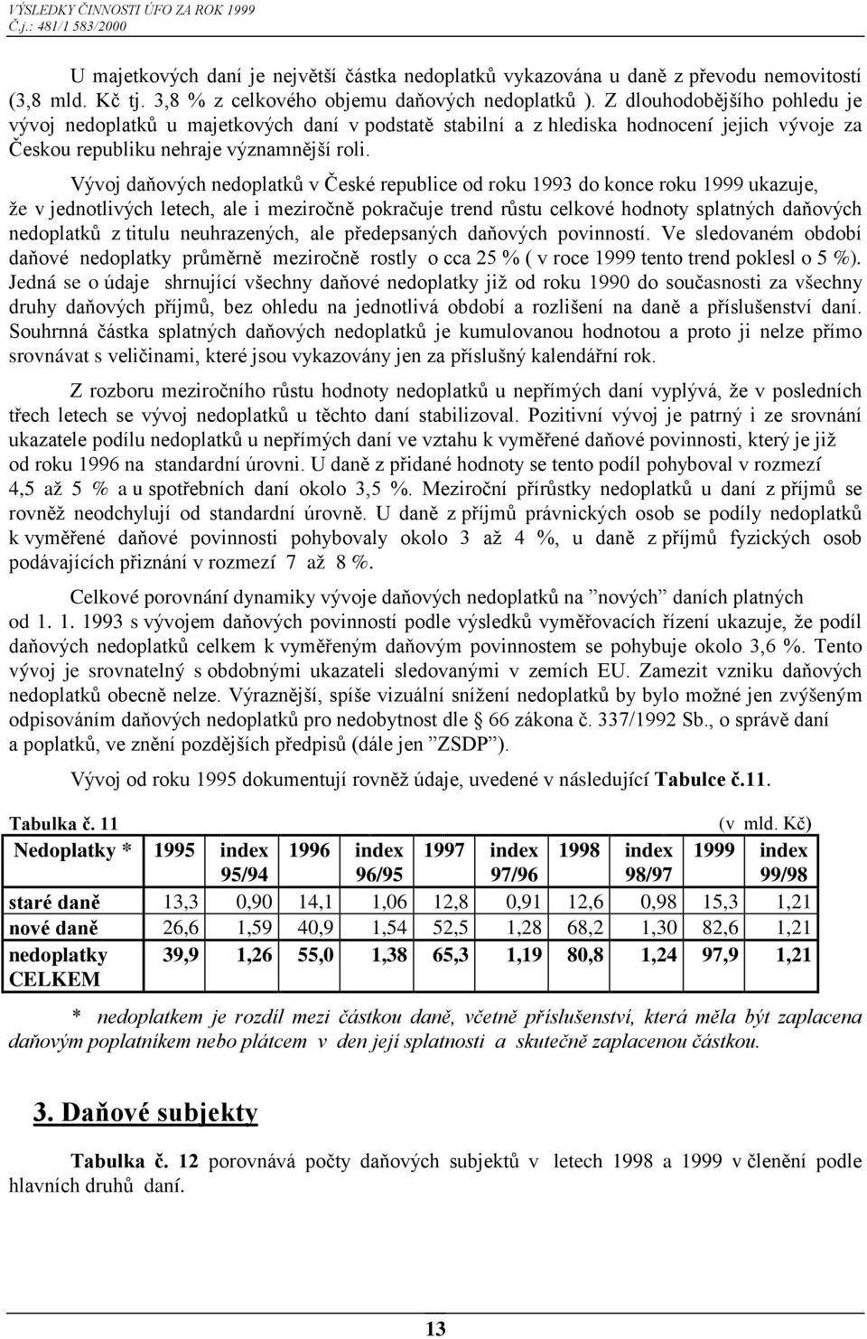 Vývoj daňových nedoplatků v České republice od roku 1993 do konce roku 1999 ukazuje, že v jednotlivých letech, ale i meziročně pokračuje trend růstu celkové hodnoty splatných daňových nedoplatků z