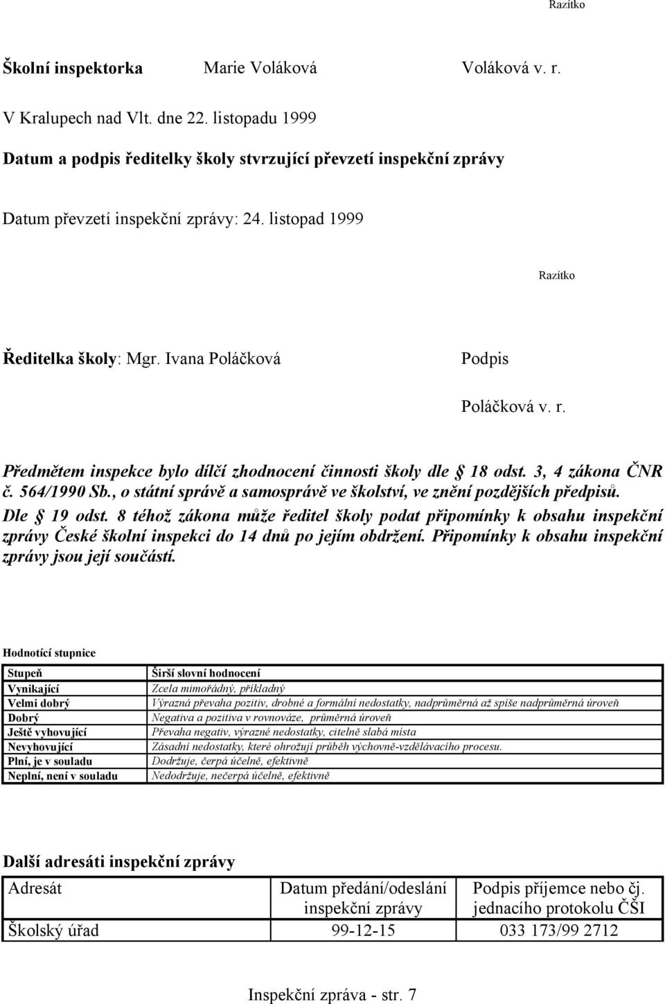 r. Předmětem inspekce bylo dílčí zhodnocení činnosti školy dle 18 odst. 3, 4 zákona ČNR č. 564/1990 Sb., o státní správě a samosprávě ve školství, ve znění pozdějších předpisů. Dle 19 odst.