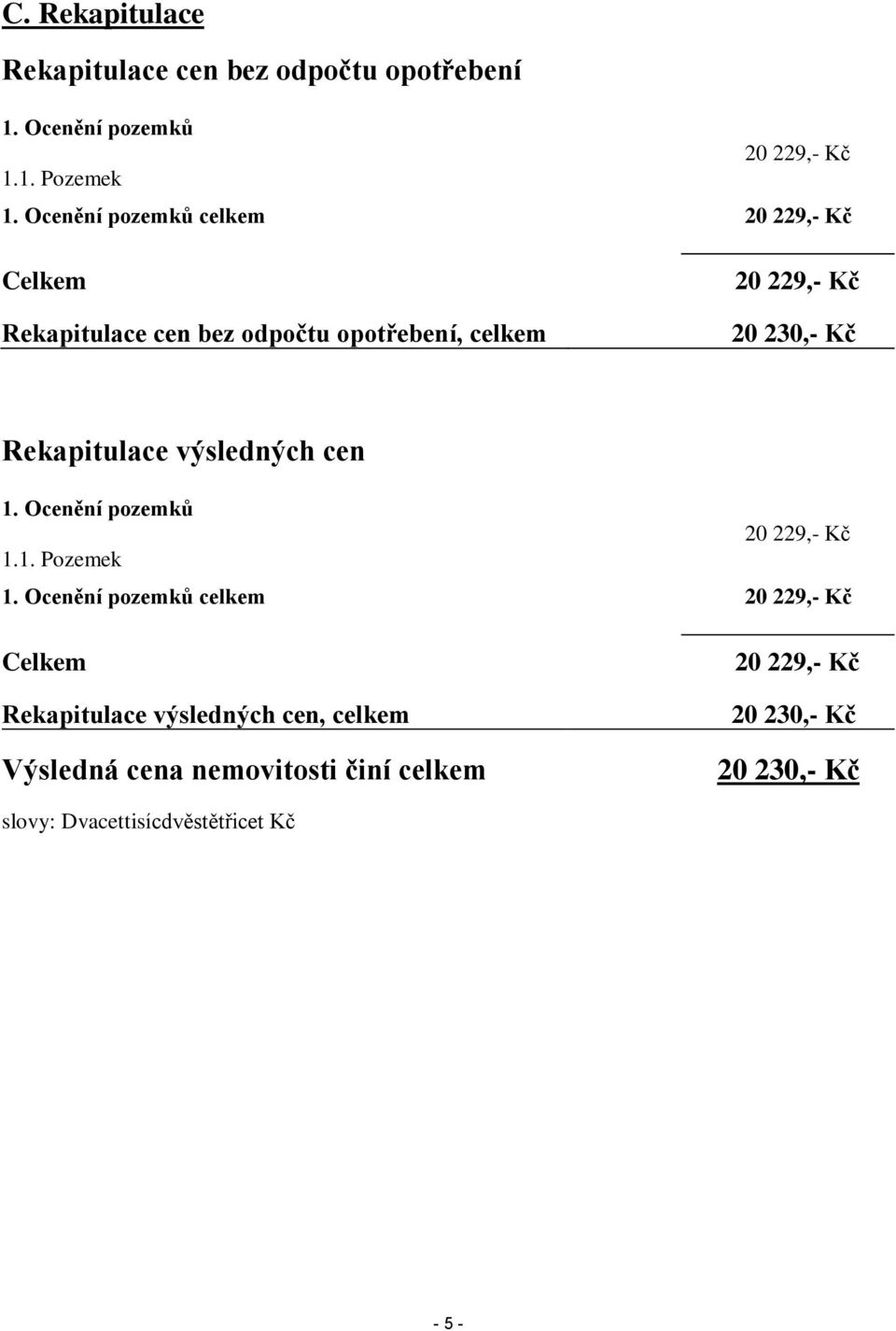 Rekapitulace výsledných cen 1. Ocenění pozemků 20 229,- Kč 1.1. Pozemek 1.