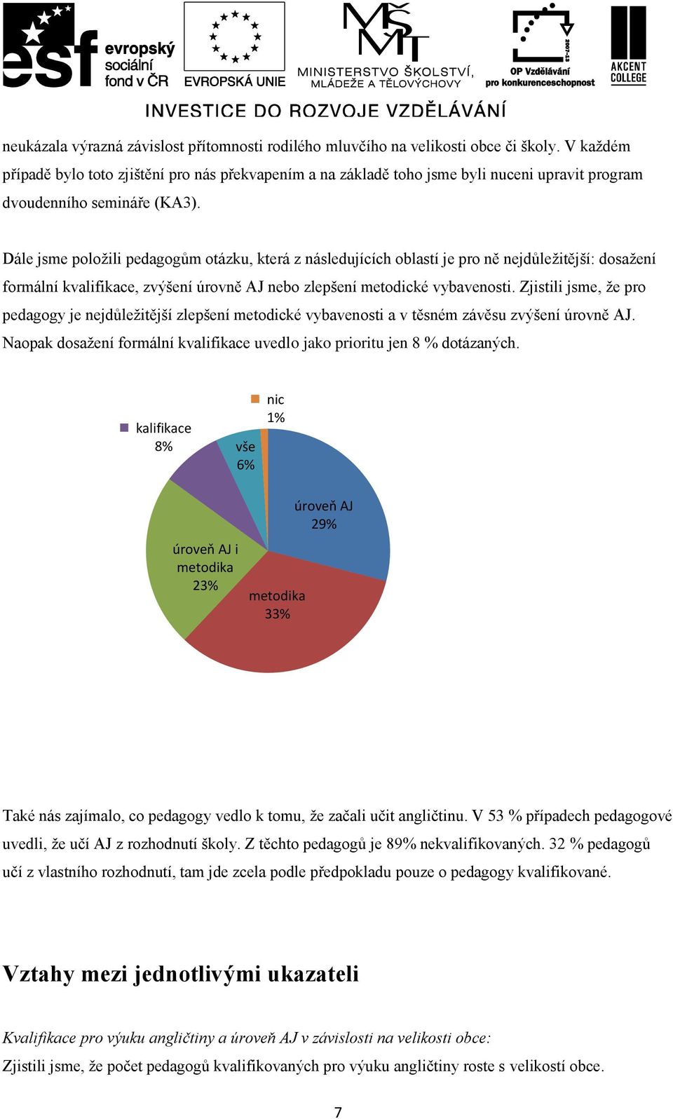 Dále jsme položili pedagogům otázku, která z následujících oblastí je pro ně nejdůležitější: dosažení formální kvalifikace, zvýšení úrovně AJ nebo zlepšení metodické vybavenosti.