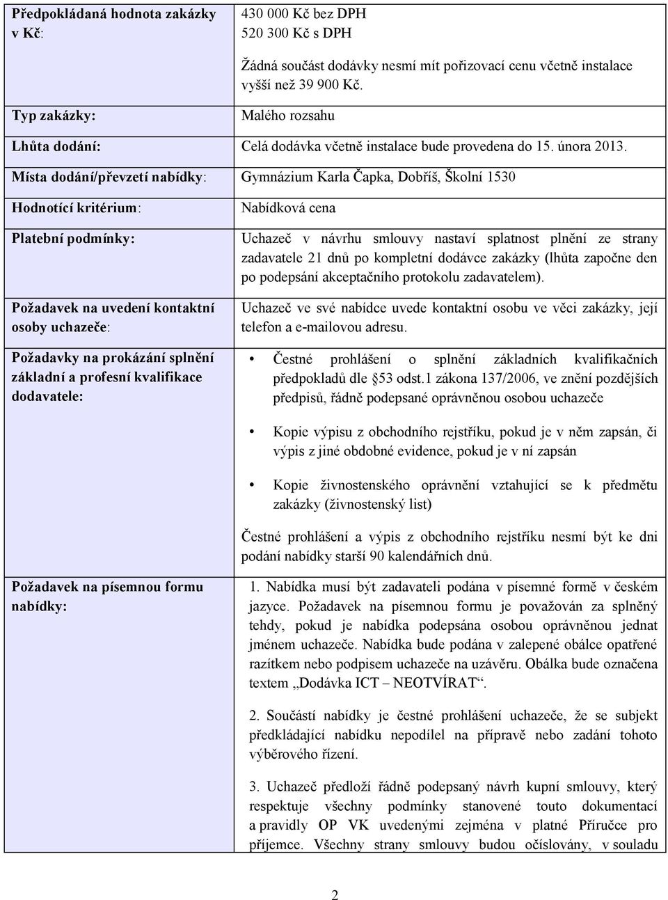 Místa dodání/převzetí nabídky: Gymnázium Karla Čapka, Dobříš, Školní 1530 Hodnotící kritérium: Platební podmínky: Požadavek na uvedení kontaktní osoby uchazeče: Požadavky na prokázání splnění