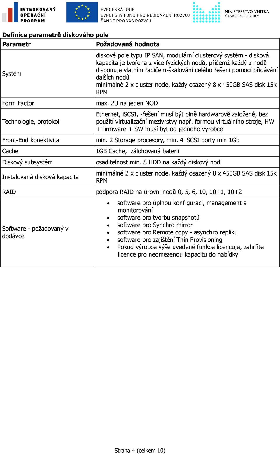 x cluster node, každý osazený 8 x 450GB SAS disk 15k RPM max. 2U na jeden NOD Ethernet, iscsi, -řešení musí být plně hardwarově založené, bez použití virtualizační mezivrstvy např.