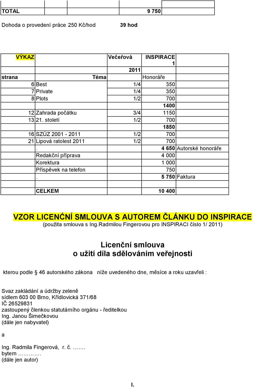 5 750 Faktura CELKEM 10 400 VZOR LICENĆNÍ SMLOUVA S AUTOREM ČLÁNKU DO INSPIRACE (pouţita smlouva s Ing.