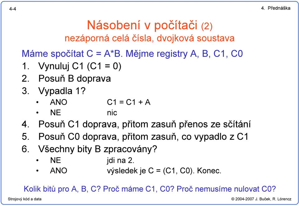 Posuň C doprava, přitom zasuň přenos ze sčítání 5. Posuň C doprava, přitom zasuň, co vypadlo z C 6.