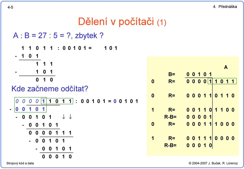 Kde začneme odčítat? A:B = 27 : 5 =?