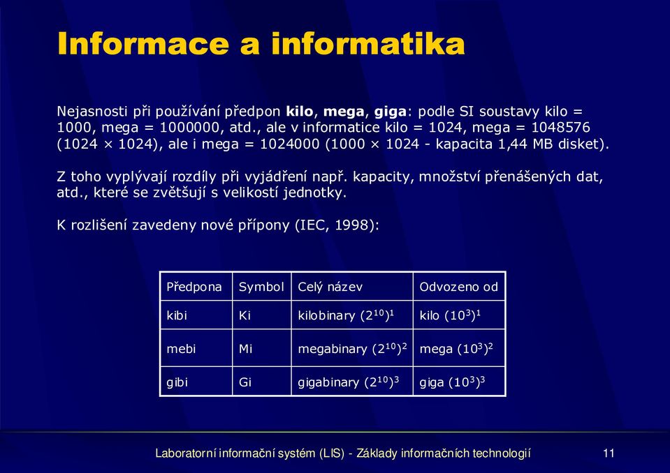 kapacity, množství přenášených dat, atd., které se zvětšují s velikostí jednotky.
