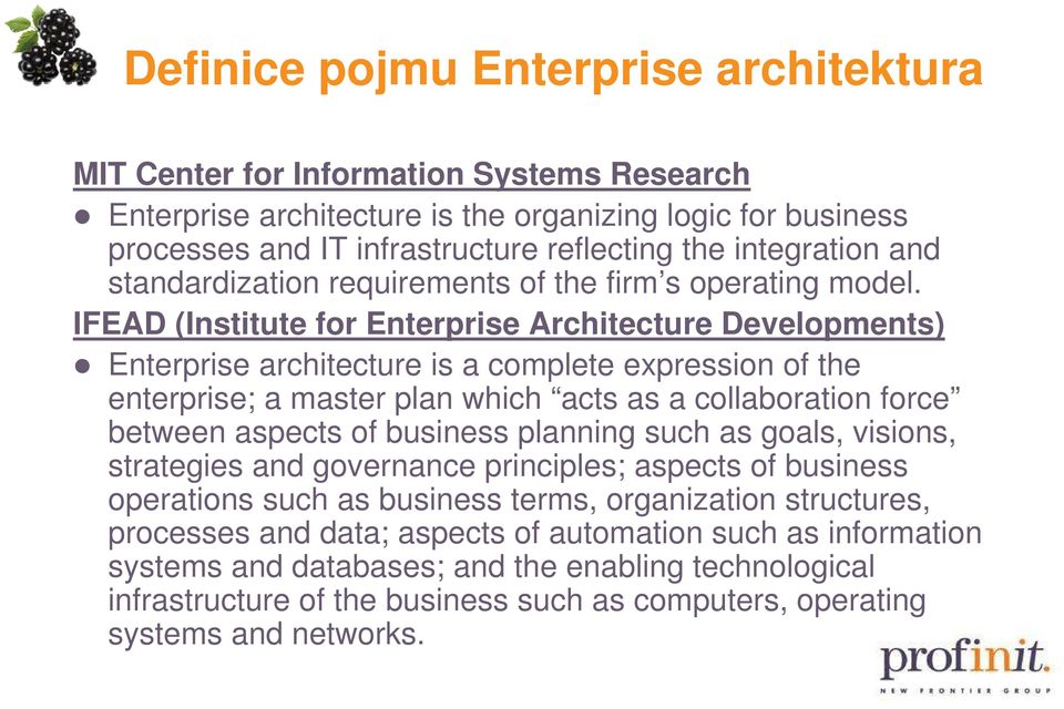 IFEAD (Institute for Enterprise Architecture Developments) Enterprise architecture is a complete expression of the enterprise; a master plan which acts as a collaboration force between aspects of