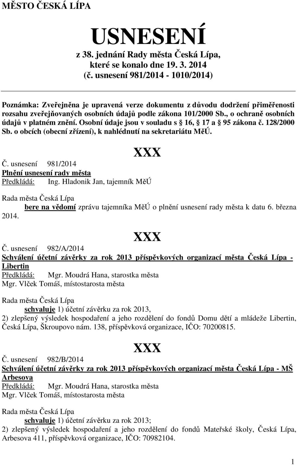 , o ochraně osobních údajů v platném znění. Osobní údaje jsou v souladu s 16, 17 a 95 zákona č. 128/2000 Sb. o obcích (obecní zřízení), k nahlédnutí na sekretariátu MěÚ. Č.