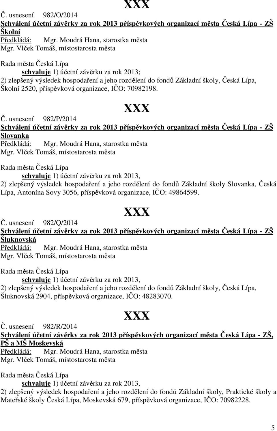 usnesení 982/P/2014 Schválení účetní závěrky za rok 2013 příspěvkových organizací města Česká Lípa - ZŠ Slovanka 2) zlepšený výsledek hospodaření a jeho rozdělení do fondů Základní školy Slovanka,