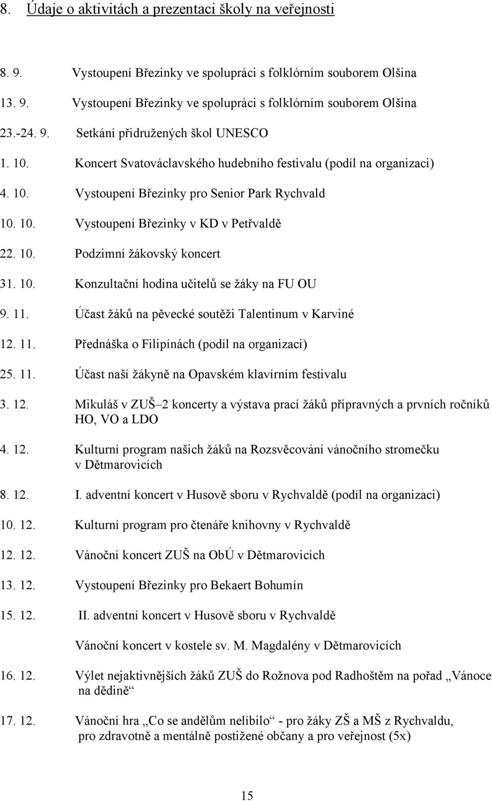 10. Podzimní žákovský koncert 31. 10. Konzultační hodina učitelů se žáky na FU OU 9. 11. Účast žáků na pěvecké soutěži Talentinum v Karviné 12. 11. Přednáška o Filipínách (podíl na organizaci) 25. 11. Účast naší žákyně na Opavském klavírním festivalu 3.