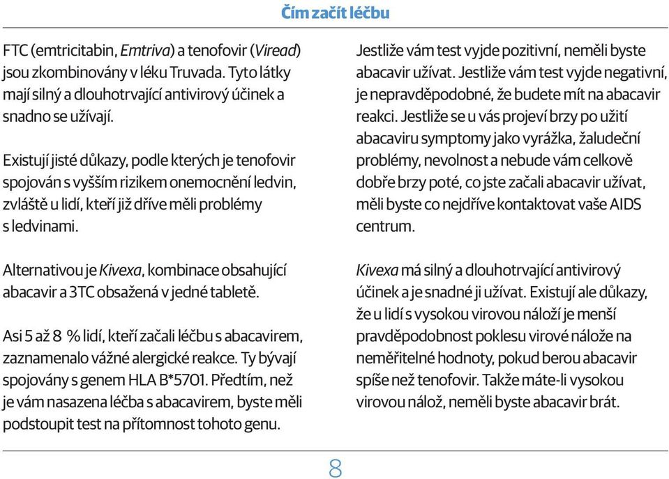 Alternativou je Kivexa, kombinace obsahující abacavir a 3TC obsažená v jedné tabletě. Asi 5 až 8 % lidí, kteří začali léčbu s abacavirem, zaznamenalo vážné alergické reakce.