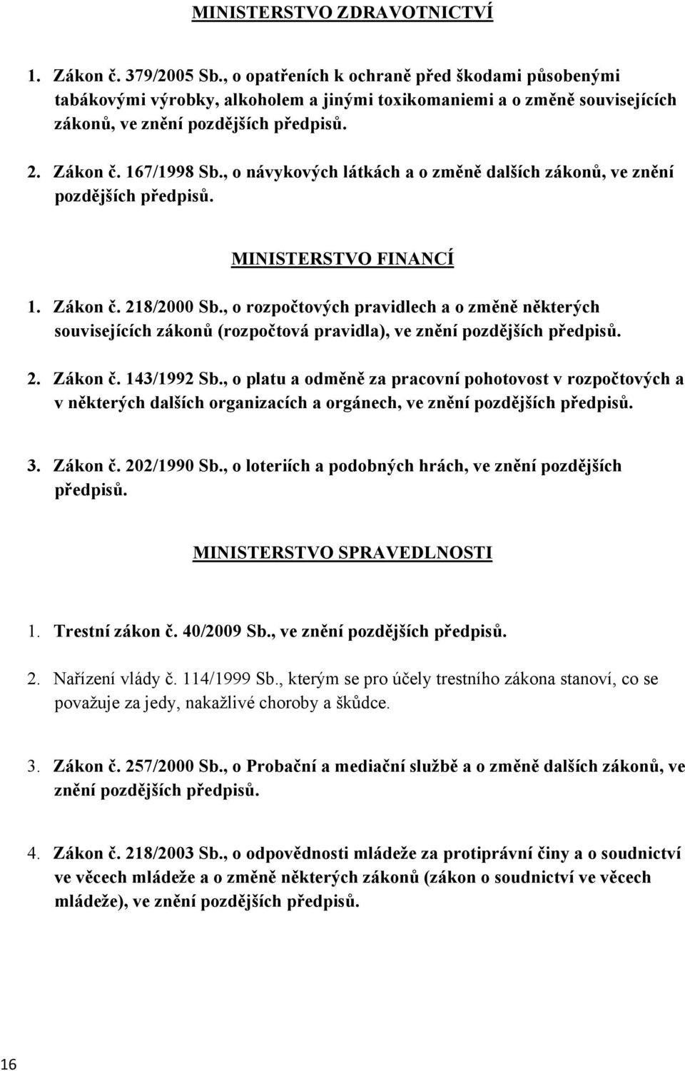 , o návykových látkách a o změně dalších zákonů, ve znění pozdějších předpisů. MINISTERSTVO FINANCÍ 1. Zákon č. 218/2000 Sb.