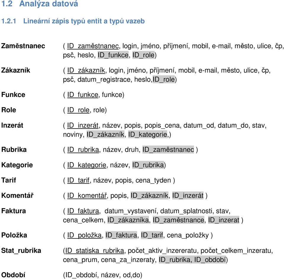 popis_cena, datum_od, datum_do, stav, noviny, ID_zákazník, ID_kategorie,) Rubrika ( ID_rubrika, název, druh, ID_zaměstnanec ) Kategorie ( ID_kategorie, název, ID_rubrika) Tarif ( ID_tarif, název,