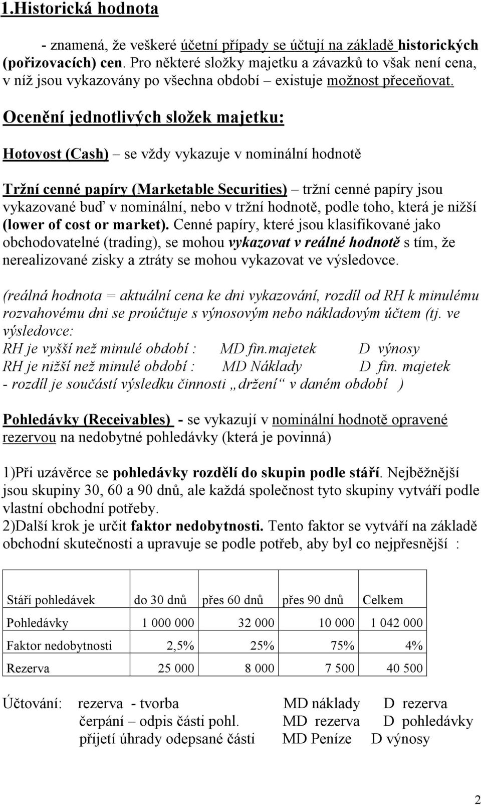 Ocenění jednotlivých složek majetku: Hotovost (Cash) se vždy vykazuje v nominální hodnotě Tržní cenné papíry (Marketable Securities) tržní cenné papíry jsou vykazované buď v nominální, nebo v tržní