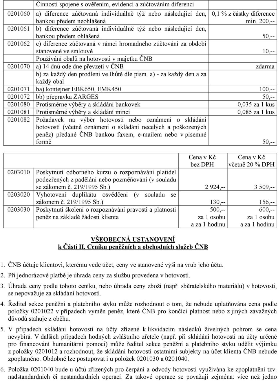 10,-- Používání obalů na hotovosti v majetku ČNB 0201070 a) 14 dnů ode dne převzetí v ČNB zdarma b) za každý den prodlení ve lhůtě dle písm.